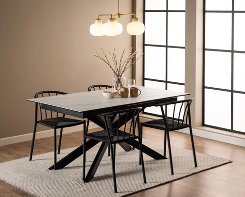 Stół rozkładany do jadalni Irwine Akranes biały ceramiczny blat czarne nogi nowoczesny 168–210x90 cm