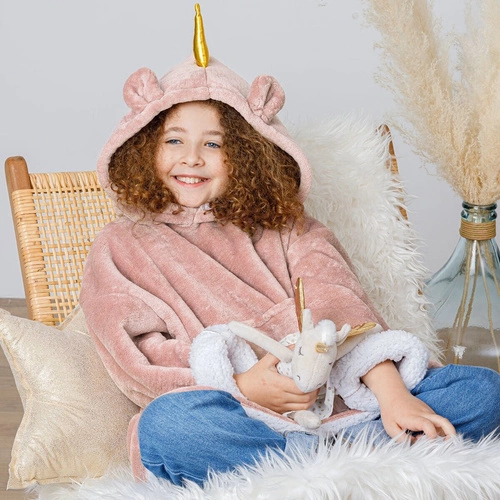 Koc z kapturem Unicorn różowy dla dzieci ciepły polarowy do pokoju dziecięcego Atmosphera