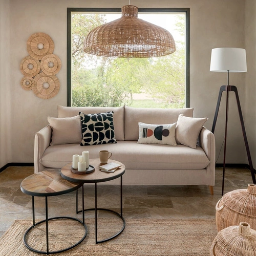 Zestaw 2 okrągłych stolików kawowych Basile do salonu, loftowy, drewno mango i czarny metal