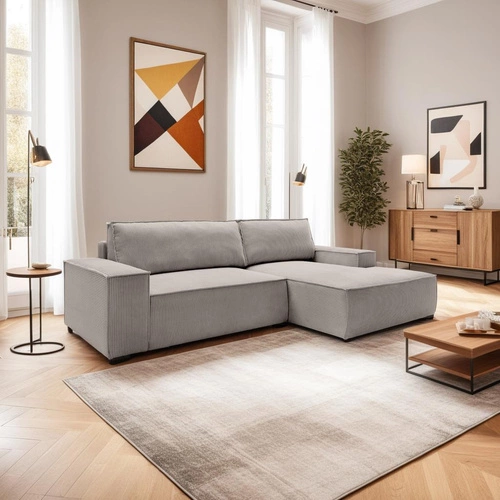 Narożnik z funkcją spania prawy sztruksowy Molde M do salonu beżowy z pojemnikiem