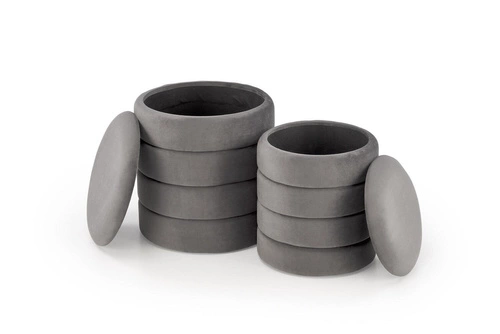 Zestaw 2 puf Gabael welurowych popielatych ze schowkiem okrągłych do salonu glamour Intesi