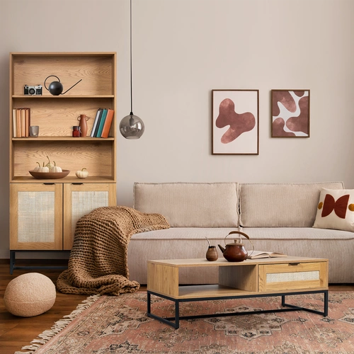 Stolik kawowy Capri prostokątny boho z rattanowym frontem i szufladą do salonu 120x60 cm