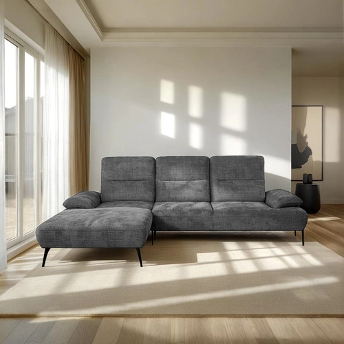 Nowoczesny narożnik do salonu Rasmus lewy antracytowy z regulowanym oparciem Intesi