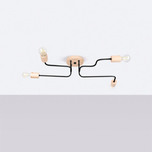 Żyrandol loftowy TIMBO 4 czarny z drewnem do salonu i jadalni rozproszone światło