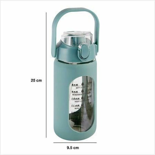 Butelka ze słomką 1 l z silikonową obudową szklana zielona