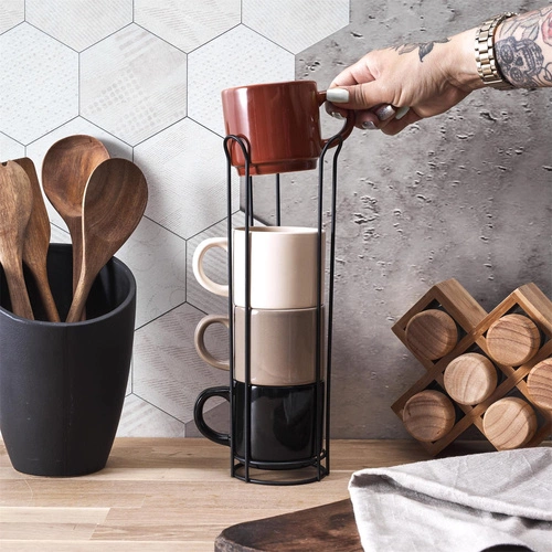 Zestaw 4 kubków ceramicznych Japandi na stojaku Intesi do kawy i herbaty multikolor