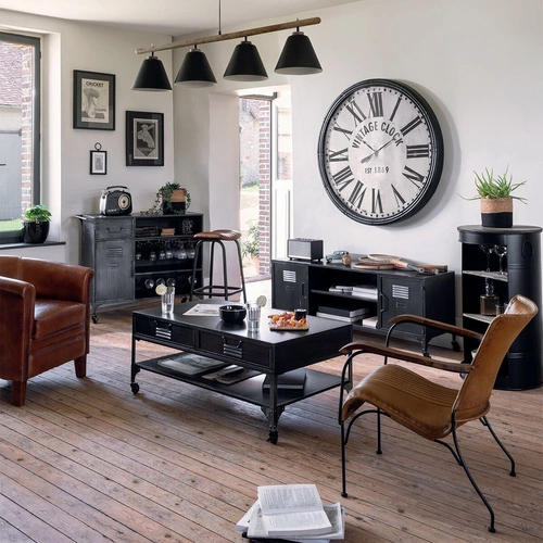 Stolik kawowy Diego okrągły z 2 półkami do salonu loftowy metalowy czarno-brązowy Atmosphera