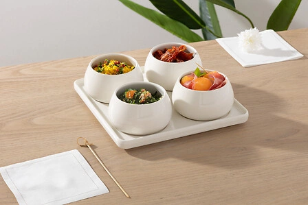 Zestaw do serwowania przystawek Nora biały z ceramiki szkliwionej na okrągłej tacy 5five