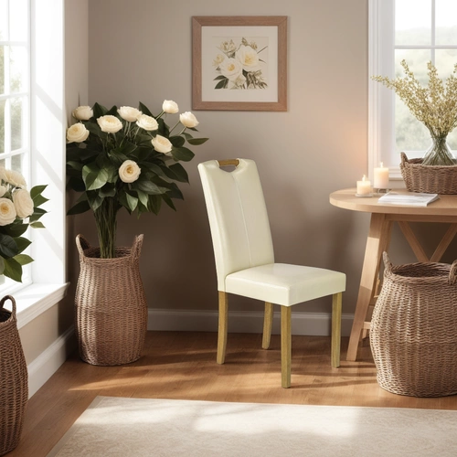Krzesło tapicerowane Roca do jadalni beżowe z ekoskóry na drewnianych nogach klasyczne Intesi