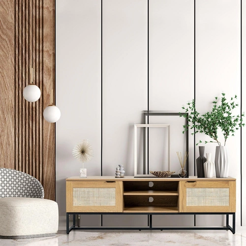 Szafka RTV Capri 150 cm rattanowa stojąca boho z metalową podstawą do salonu naturalna