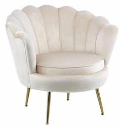 Fotel kubełkowy Korab VIC welur beżowy glamour do salonu z podłokietnikami na złotych nogach