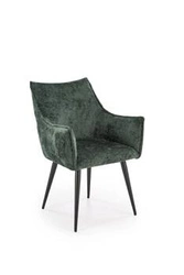 Krzesło tapicerowane Arhiza do jadalni zielone z podłokietnikami nowoczesne na czarnych nogach