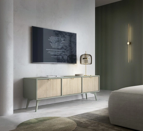 Szafka RTV drewniana Sage 160 cm do salonu boho glamour z frontem w jodełkę Intesi