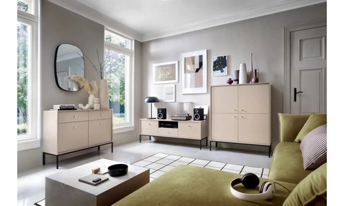 Nowoczesna toaletka Evora beżowa z szufladami do sypialni, elegancka konsola glamour