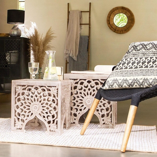 Zestaw 2 kwadratowych stolików kawowych Terre boho drewnianych do salonu Atmosphera