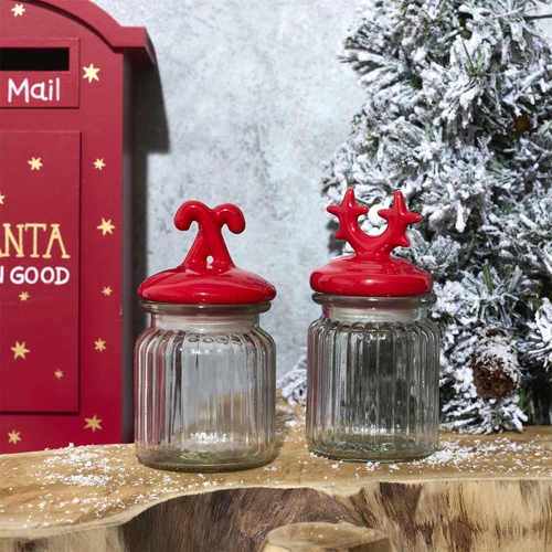 Intesi czerwony słoik świąteczny z pokrywką renifera dekoracja bożonarodzeniowa na stół