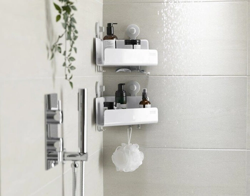 Joseph Joseph EasyStore nowoczesna półka łazienkowa narożna na przyssawki z haczykami pod prysznic