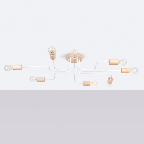 Żyrandol loftowy TIMBO 8 biały z drewnem do salonu i jadalni szerokość 100 cm