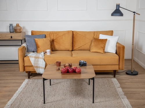 Sofa rozkładana z funkcją spania Saxo 2 osobowa do salonu nowoczesna żółta z pojemnikiem