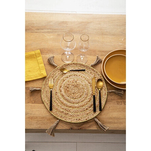 Okrągła podkładka z juty boho z pomponami 38 cm naturalna na stół do kuchni 5five