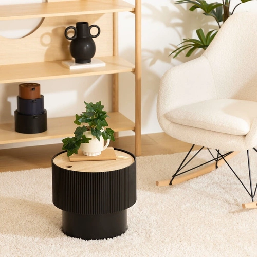 Stolik kawowy Enola S okrągły czarny z podnoszonym blatem i schowkiem nowoczesny do salonu