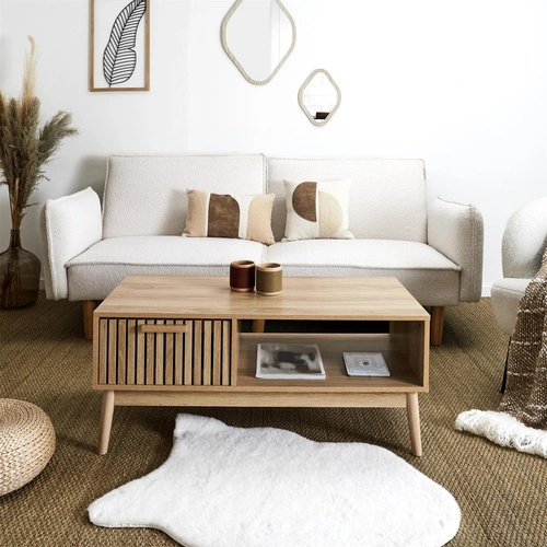 Stolik kawowy Klaus prostokątny drewniany z szufladą skandynawski do salonu Intesi