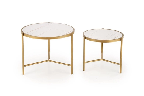 Zestaw 2 okrągłych stolików kawowych Kalund biały marmur złoty nowoczesny glamour do salonu
