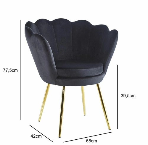 Krzesło tapicerowane muszelka Fiona VIC czarne welurowe z podłokietnikami do salonu glamour