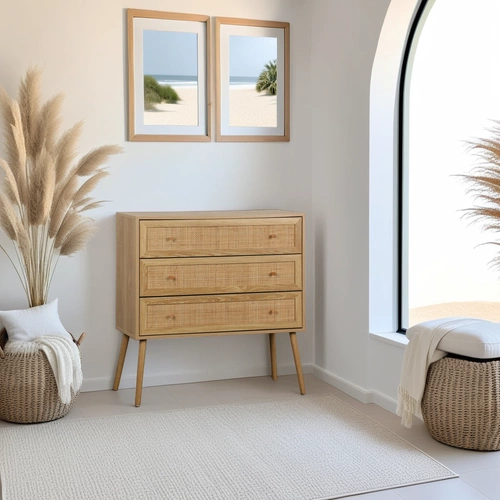 Komoda Ballo 3 szuflady boho z rattanu i drewna, komoda do salonu i sypialni na nóżkach