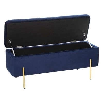 Ławka tapicerowana ze schowkiem Vel VIC granatowa glamour do przedpokoju na złotych nogach
