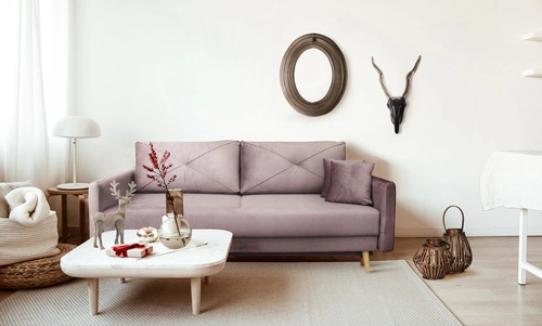 Sofa rozkładana z funkcją spania Saxo różowa do salonu skandynawska z pojemnikiem Intesi