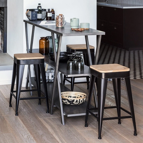 Hoker Joris czarny loftowy metalowy z drewnianym siedziskiem 60 cm do kuchni Atmosphera