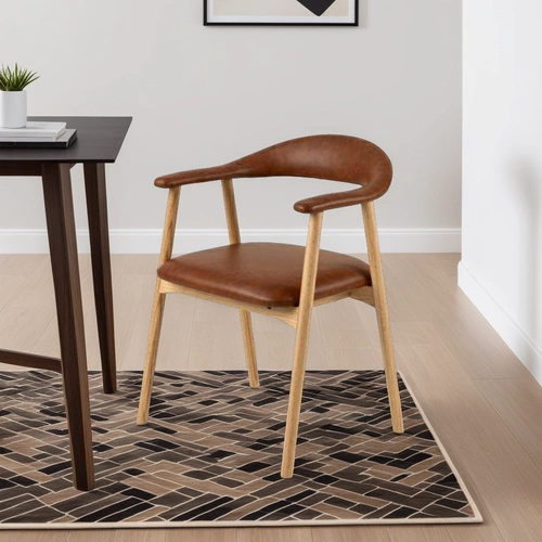 Krzesło do jadalni Addi Actona tapicerowane ekoskóra brązowe z podłokietnikami dąb skandynawskie