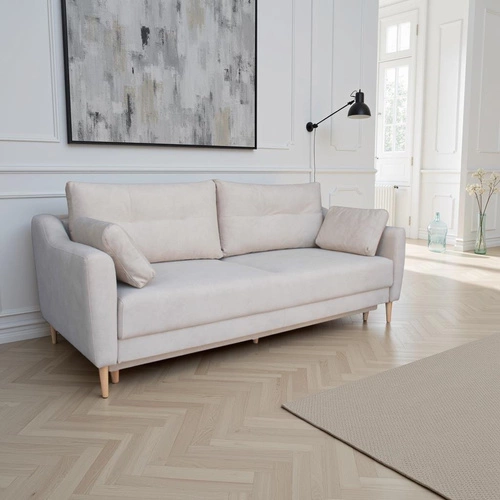 Sofa rozkładana Bouley 3 osobowa z funkcją spania i pojemnikiem beżowa do salonu