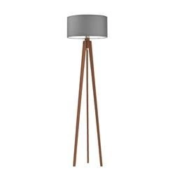 Lampa stojąca MIAMI szara z abażurem, drewniana trójnóg glamour do salonu Lysne 148 cm