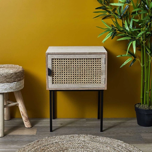 Szafka nocna z plecionym frontem 40 cm naturalna boho industrialna Intesi Panamo