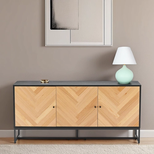 Komoda Clar 160 cm nowoczesna dąb i czarny z frontami w jodełkę na metalowych nogach do salonu