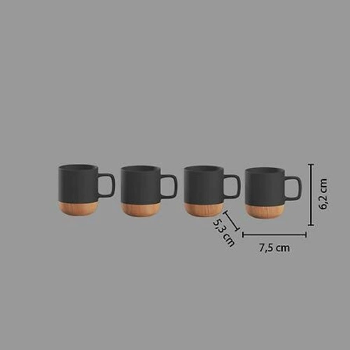Zestaw 4 czarnych kubków ceramicznych 120 ml z bambusowym spodem do kawy 5five