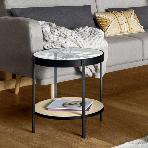 Stolik kawowy Meca okrągły 50cm industrialny czarny szklany z zegarem do salonu