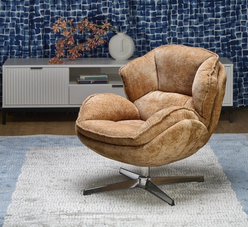Fotel wypoczynkowy Offred musztardowy do salonu nowoczesny z podnóżkiem tkanina Intesi