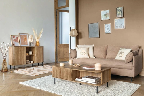 Stolik kawowy Colva prostokątny z półką i szafką boho do salonu Atmosphera 120x60 cm