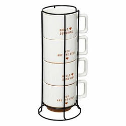 Zestaw 4 kubków 300ml na stojaku białe/ terrakotta