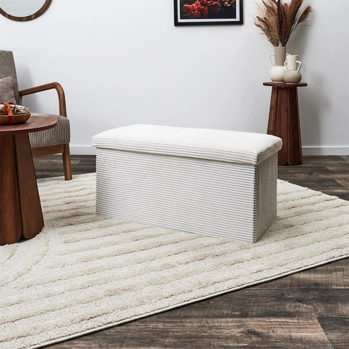 Pufa Medford biała sztruksowa składana ze schowkiem prostokątna do przedpokoju i sypialni