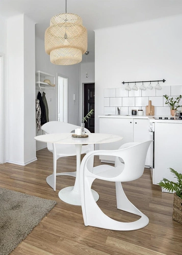 Stół okrągły do jadalni Simplet Skinny Premium Stone biały marmur nowoczesny na jednej nodze 90 cm