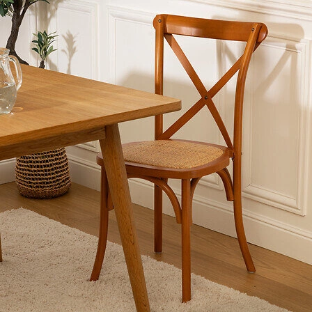 Krzesło drewniane Isak Atmosphera do jadalni vintage rattanowe brązowe sztaplowane