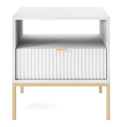 Szafka nocna Delicious Intesi z ryflowanym frontem, biała, złote nogi, 54 cm, z szufladą, styl glamour