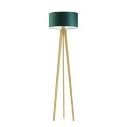 Lampa podłogowa MIAMI trójnóg glamour, drewniana z abażurem butelkowa zieleń do salonu