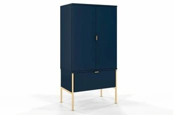Komoda wysoka Polka Navy Blue glamour z szufladą i szafkami na złotych nogach do salonu 120 cm